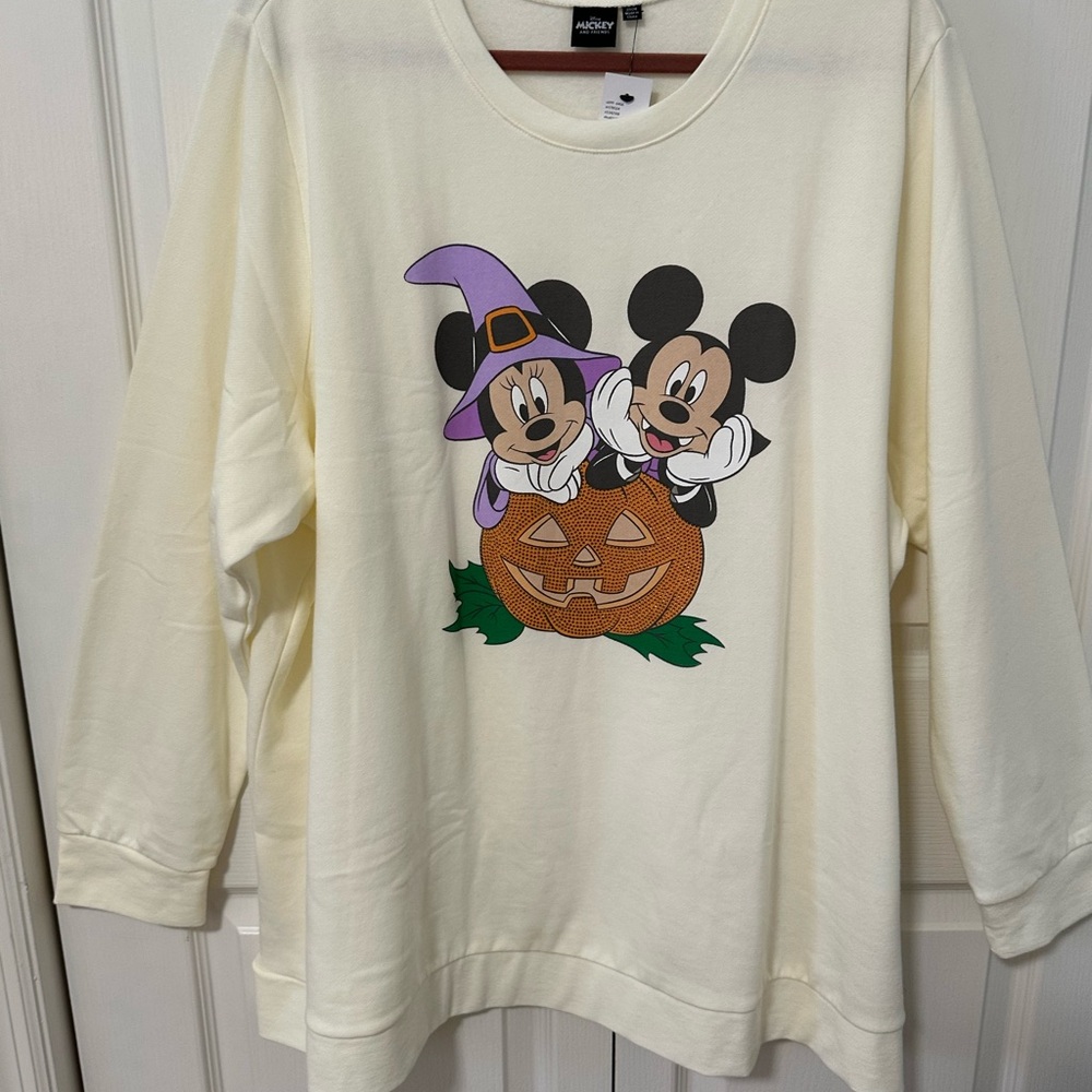 Disney Cream Sweatshirt with Halloween Mickey and Minnie in rhinestone pumpkin